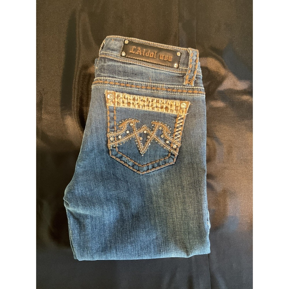LA Idol USA Bootcut Jeans Women 7 Blue Denim Rhinestone LeopardPrint Y2K LowRise